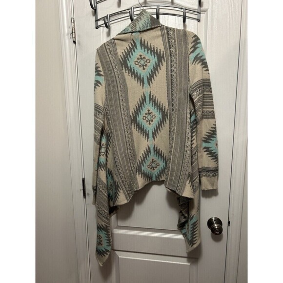 Dreamers Open Front Cardigan Sweater Women’s Medium/ Large Tribal Print Aqua - Picture 2 of 16